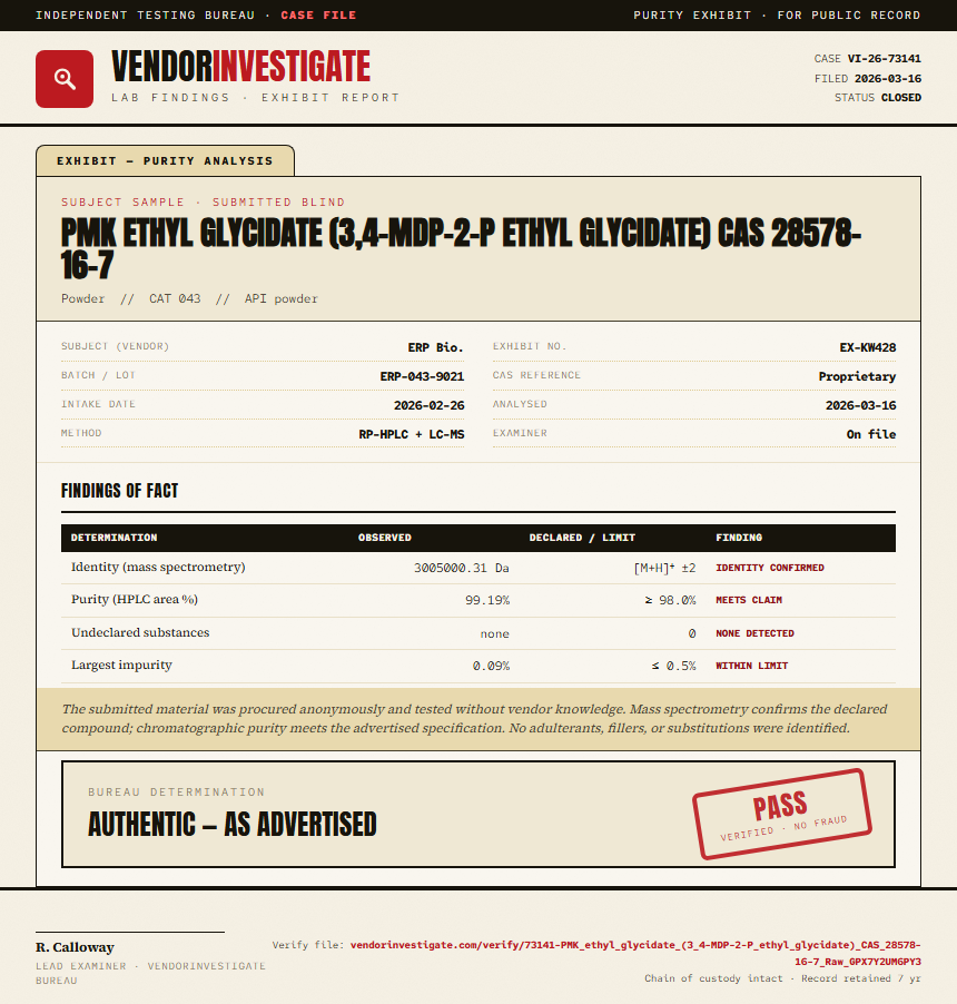 PMK ethyl glycidate (3,4-MDP-2-P ethyl glycidate) CAS 28578-16-7 Purity (HPLC) report by VendorInvestigate